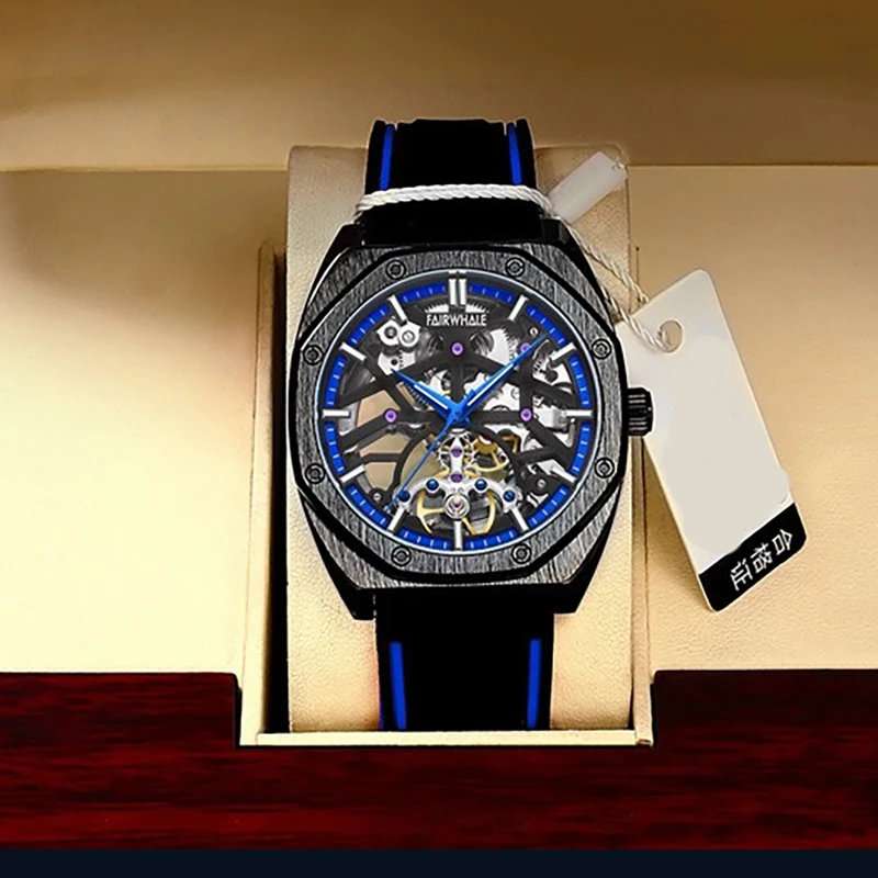 men full skeleton tonneau mechanical watch 30m water resistant luminous screw down crown two tone silicone strap 42mm large dial