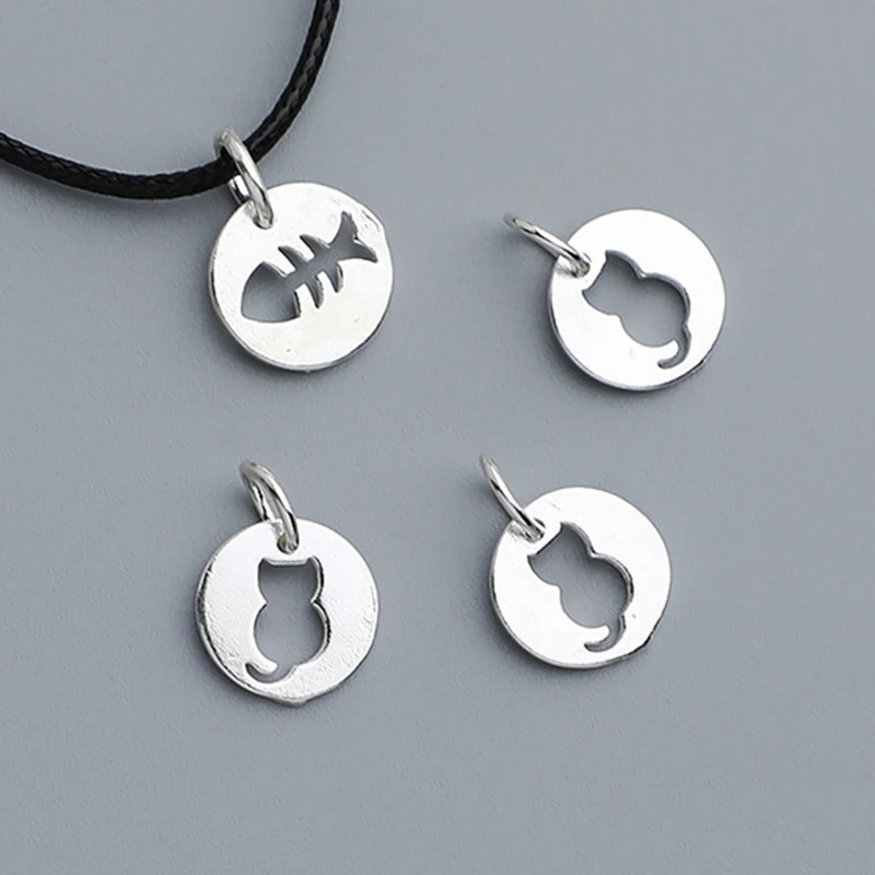 1pc 925 Sterling Silver Hollow Kitty/Fish Round Charms Manual Fancy Bracelets Necklace Silver Pendants DIY Jewelry Findings