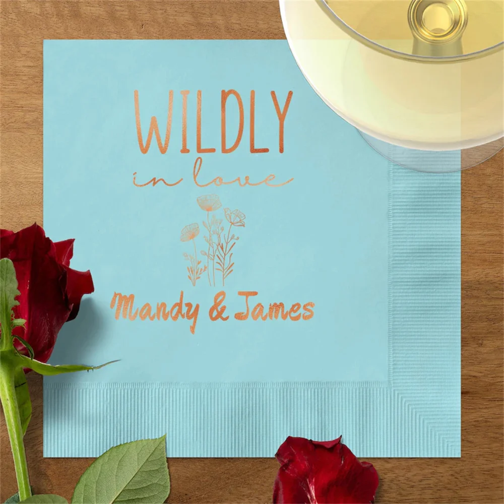 

50pcs Wildly in Love Personalized Wildflower Bridal Shower Cocktail Foil Napkins, Rehearsal Dinner Cocktail Napkins, Wedding