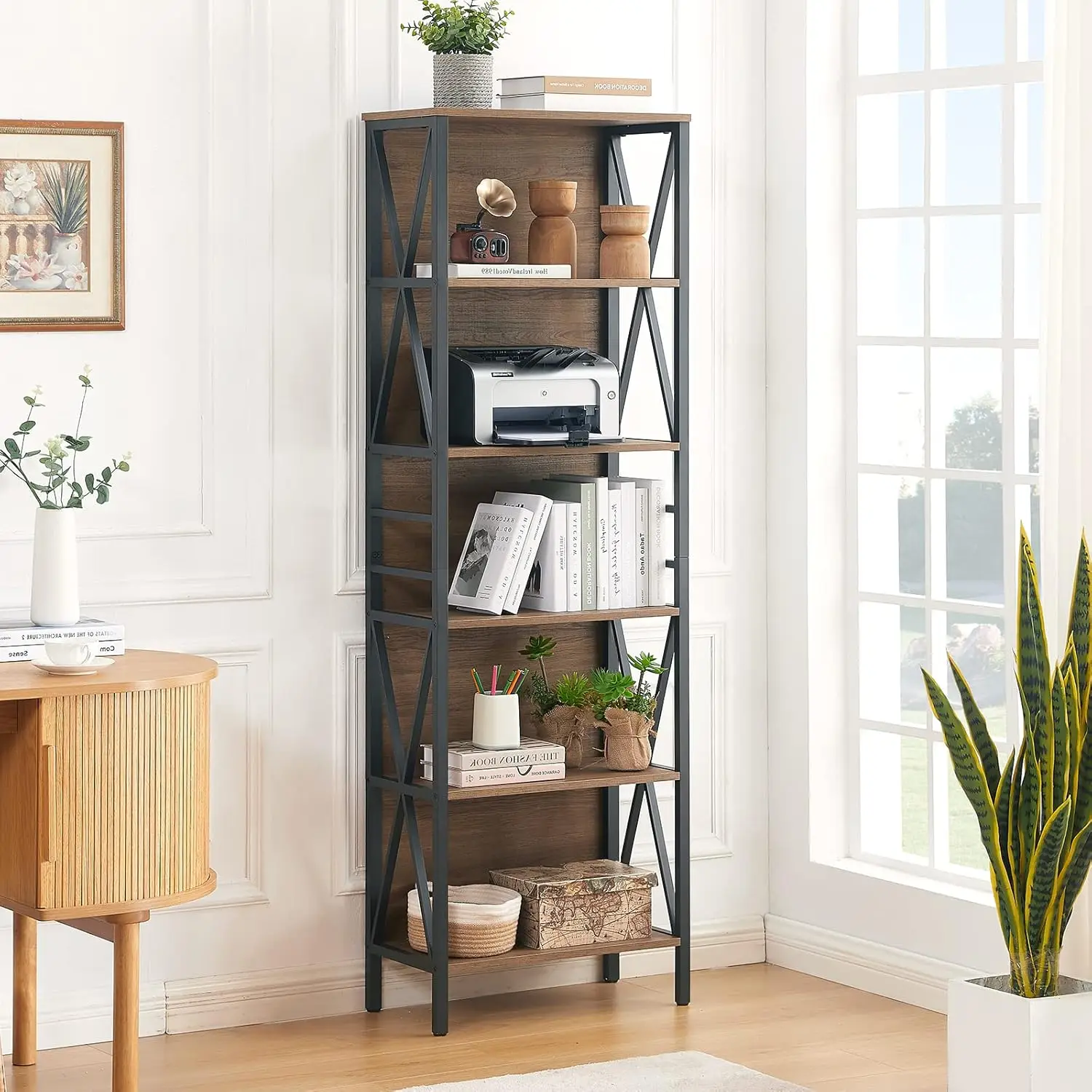 HOMISSUE Bookshelf, 6-Tier Bookshelf, Rustic Wood Metal Bookshelves and Bookcases, Freestanding Open Bookshelf, Industrial