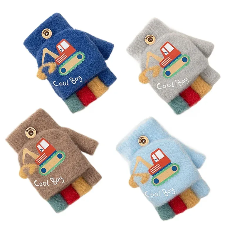  Kids Boys Girls Cartoon Excavator Half Finger Flip Cover Winter Thick Warm Gloves Toddler Outdoor Knitted Cold-Proof Mittens 