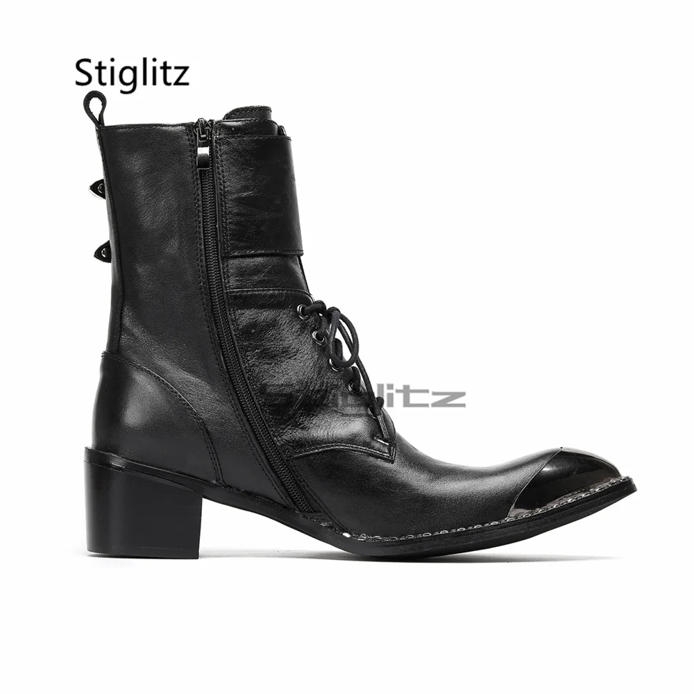 

Lace Up Motorcycle Boots for Men Metal Pointed Toe Belt Buckle Genuine Leather Short Boots British Style Business Dress Shoes
