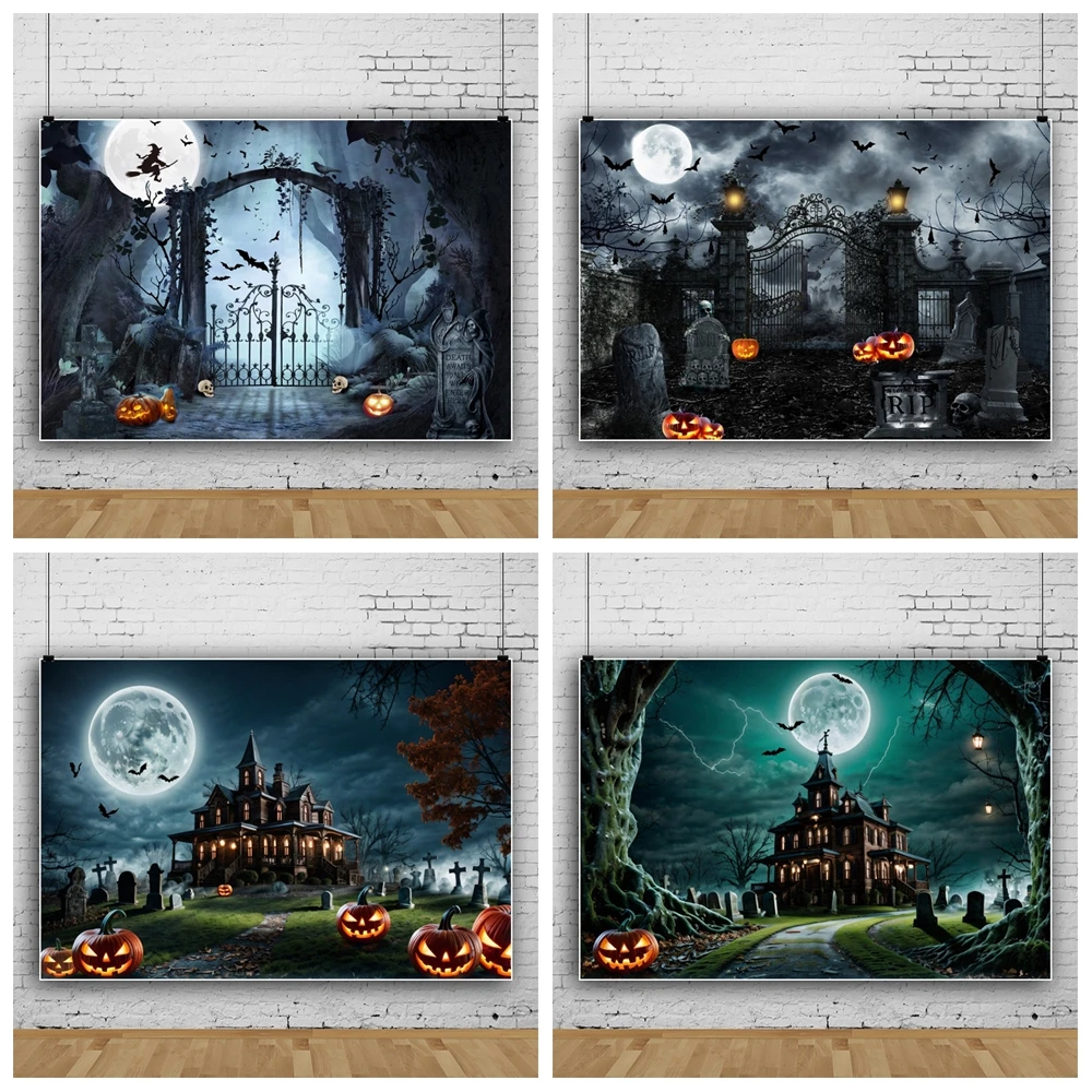 

Halloween Background Photography Pumpkin Lantern Castle Bat Ghost Moon Tombstone Halloween Backdrop Photo Studio Photocall