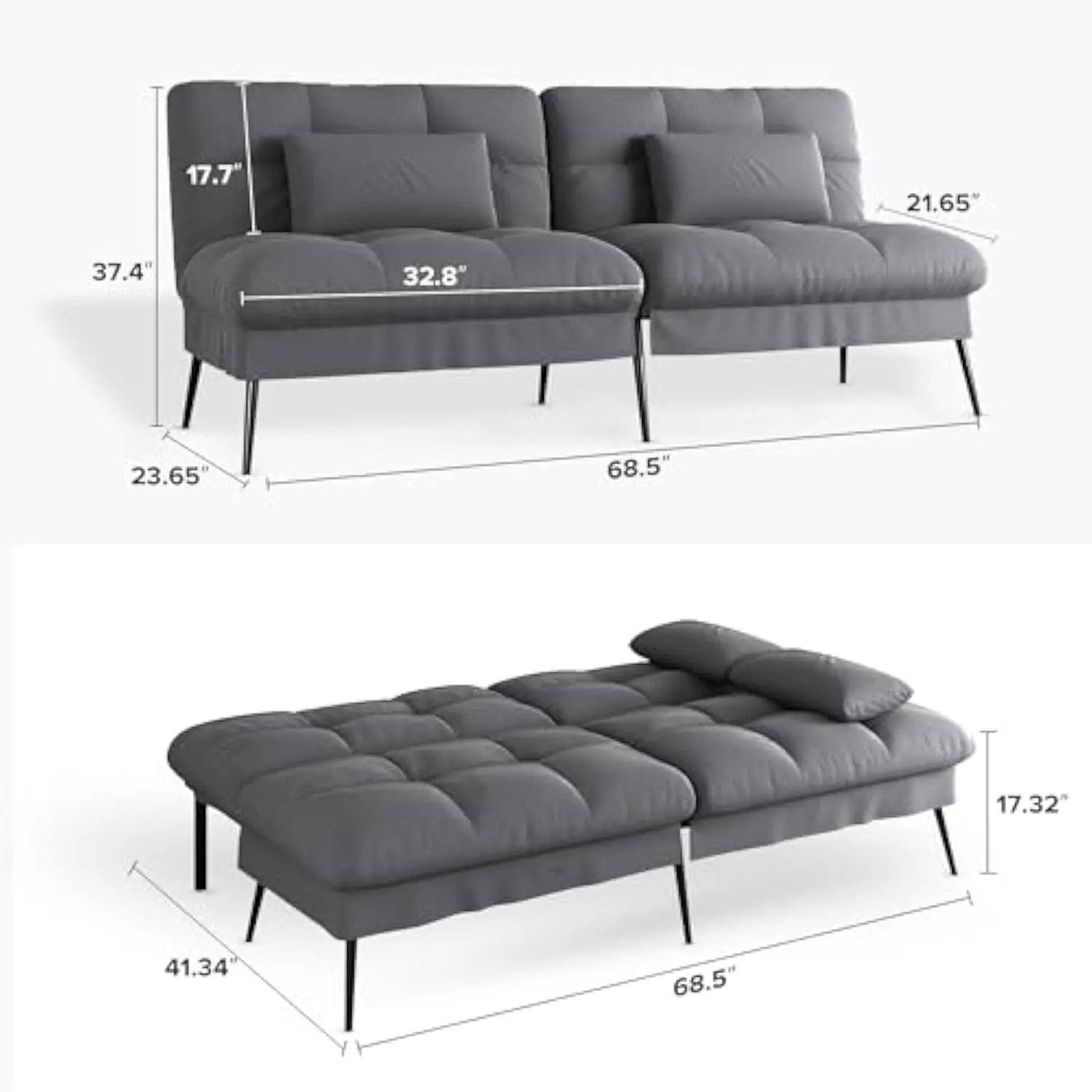 Convertible Futon Sofa Bed 68Fabric Futon Couch with Adjustable Backrest Folding Futon Sleeper Recliner for Living Room