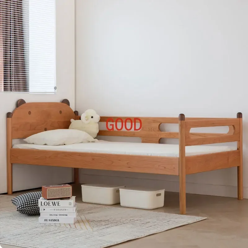 Children's Bed Solid Wood with Fence Cherrywood Single Bed Walnut Japanese Stitching