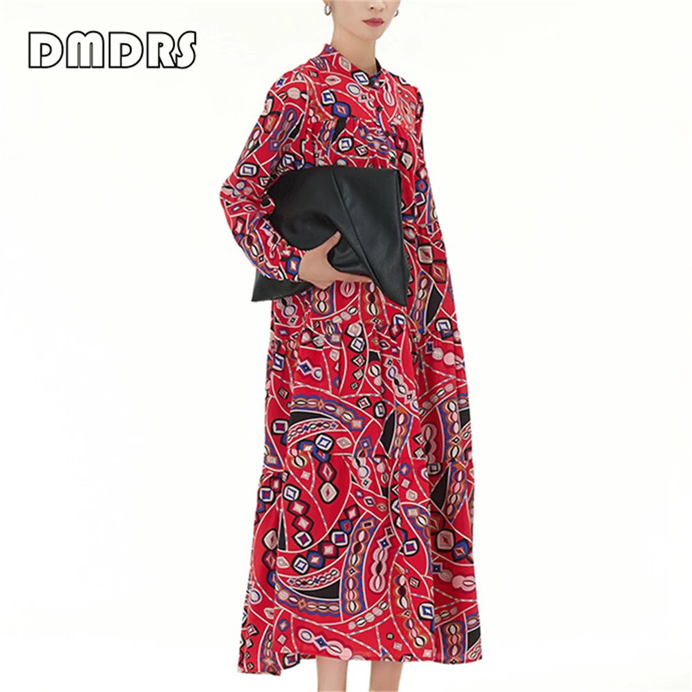 Breathable Summer Women's Bohemian Skirt Long Sleeves Printed High Quality 2024 Spring New Casual Dress For Women Oversized