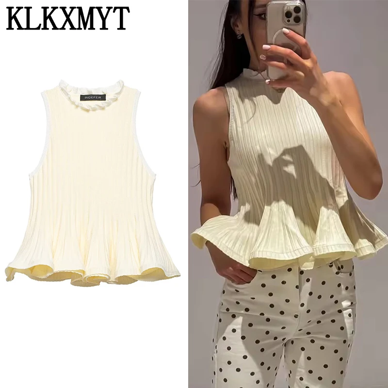KLKXMYT Schickes, sexy Damen-Strickwesten-Top für Frühling und Sommer – Modisches, figurbetontes, ärmelloses, elegantes Damen-Plissee-Oberteil mit Saum