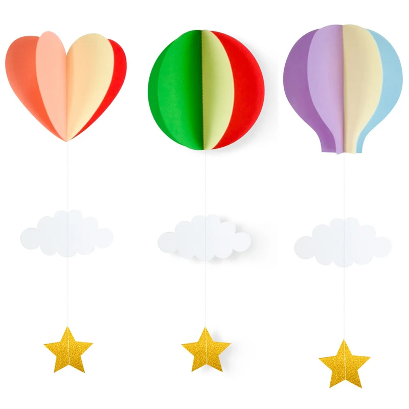 3D Paper Pendant Love Hearts Hot Air Balloons Clouds Stars Hanging Ornaments For Birthday Wedding Party Decor Home Decorations