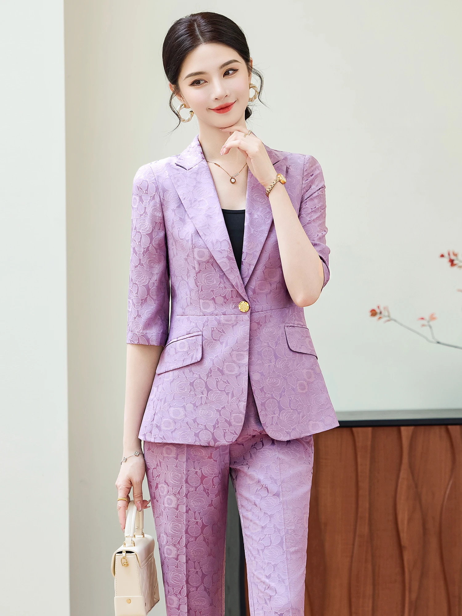 Purple Suit Set Women's 2062 New Spring Seven Sleeve Slim Fit Goddess Style Embroidered Suit Jacket Fashionable Business Wear