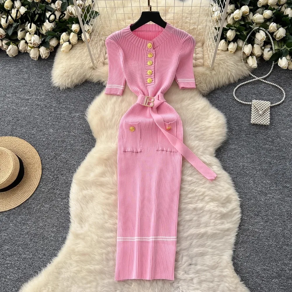 

Neploe Small Fragrance Advanced Fashion Slim Dress Half Sleeve Summer Lace Up French Style Mujer Knit Panelled Minority Vestidos