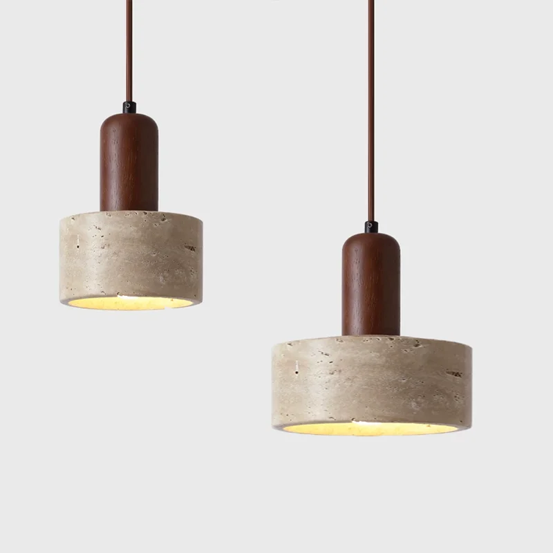 

E27 Pendant Lamp, Natural Travertine Stone Hanging Light, Walnut Color Stone Lighting for Kitchen Island Bedroom Bedside Decor