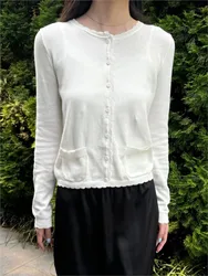 Simple Pockets Slim Knitted Sweater Cardigan Woman O-Neck Long Sleeve Cotton Sweaters Sweet Preppy Style Knitwear Coat Y2K Tops