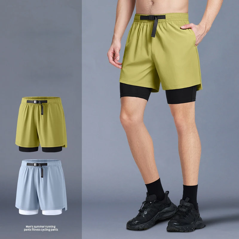 Men’s Running Shorts Gym Sports 2 In 1 Ice Silk Quick Dry Workout Training Gym Fitness Jogging Pants Double Layer Marathon Short