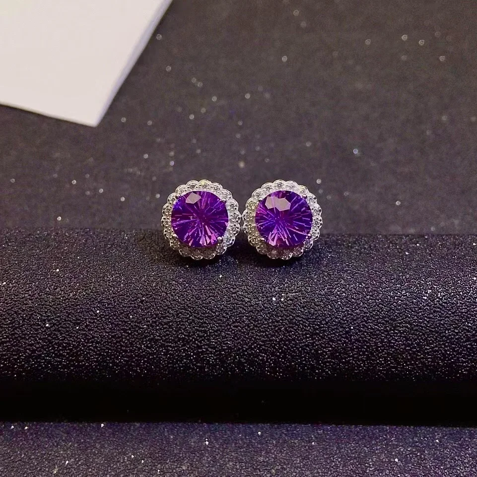 الكلاسيكية أقراط الكريستال للحزب 8 مللي متر VVS الصف الجمشت الطبيعي أقراط الصلبة 925 الفضة جمشت مجوهرات