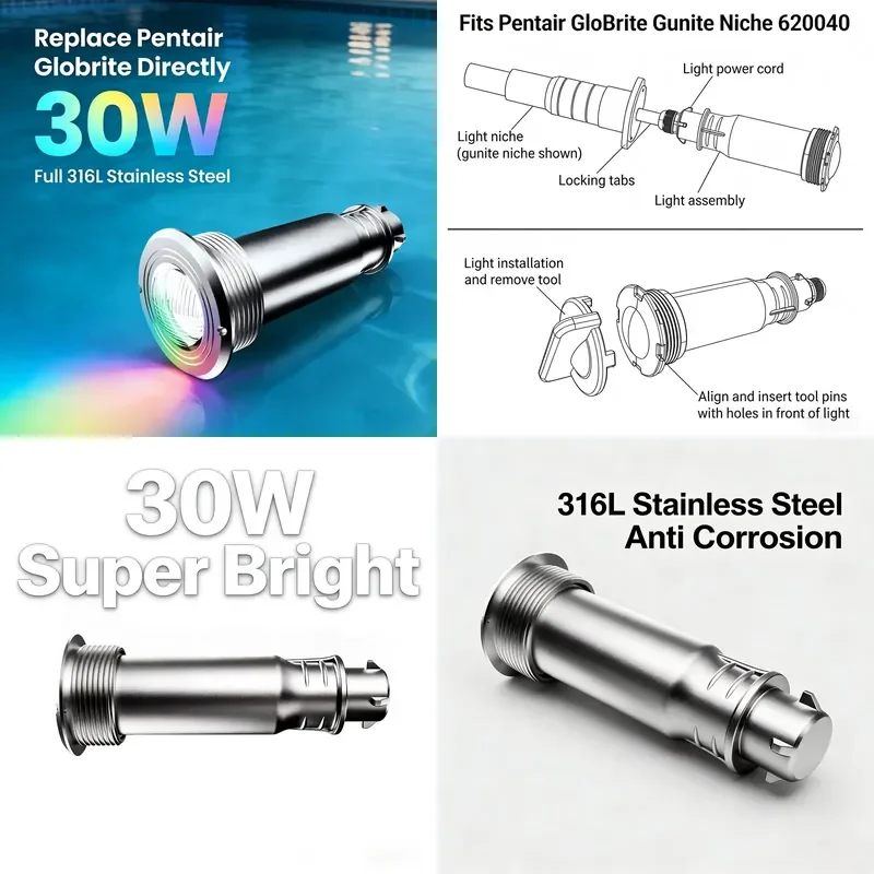 Refined 30W Super Bright Replace Pentair Globrite Directly Multi Color Changing RGBW White 12V 100FT Swimming Pool Light