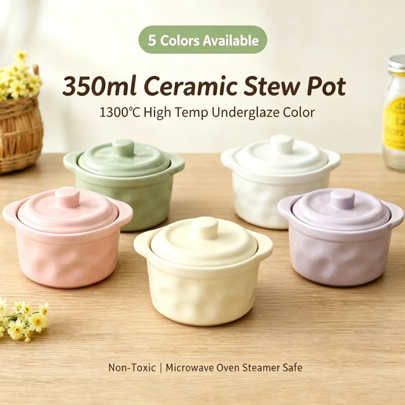 Ceramic Stew Pot Underglaze Color 350ml Single Serving With Lid Water Separated Stewing Cup High Temperature Resistant Household