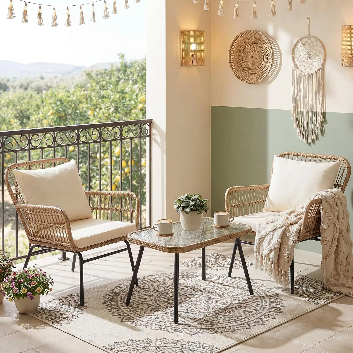3 Pcs Boho Wicker Patio Chair Set Outdoor Rattan Bistro Furniture with Glass Top Side Table & Thick Cushion Beige, Customized