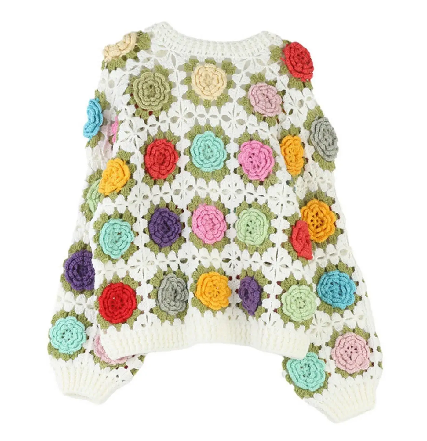 Autumn BOHO Hand Crochet 3D Flower Ball Cardigan Sweet Woman V neck Open Button Full Lantern Sleeve Knit Sweater Knitwear Jumper