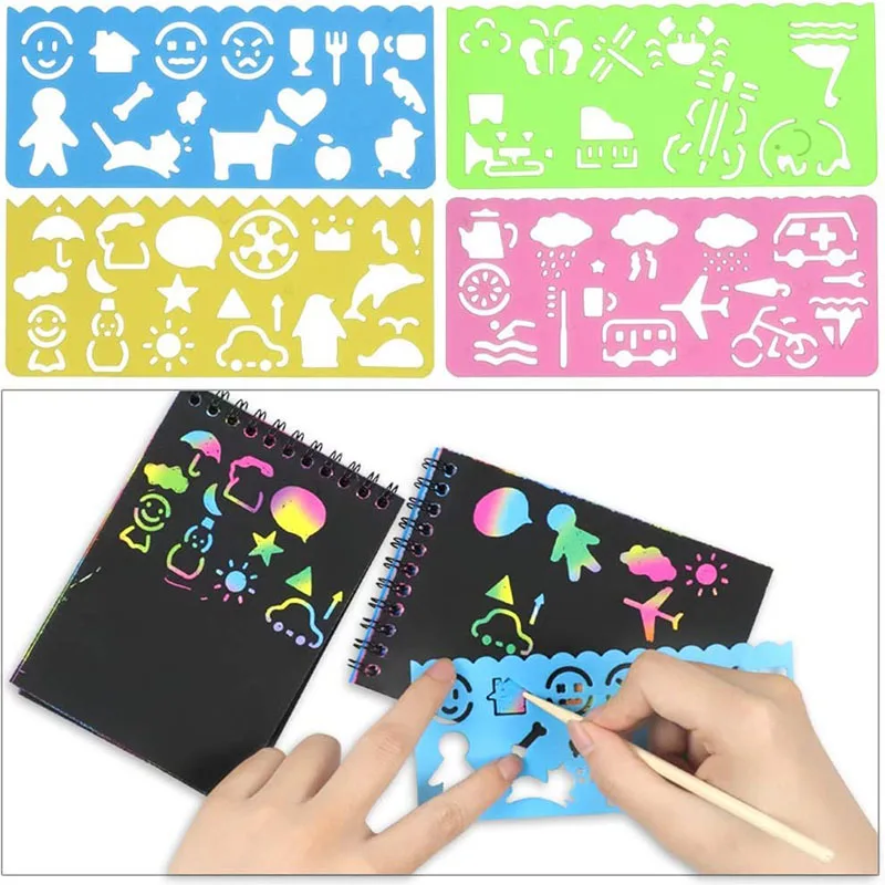 DIY Magic Rainbow Color Scratch Art Paper Card Set With Graffiti Stencil Drawing Board Stick Art Painting Educational Toys Gifts