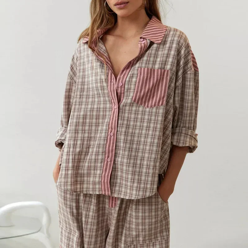 Autumn Women Casual 2pc Homewear Sleepwear Loose Vintage Plaid Shirt Suit Pajamas Lady Chic Spring Sweet Pocket Long Pants Sets