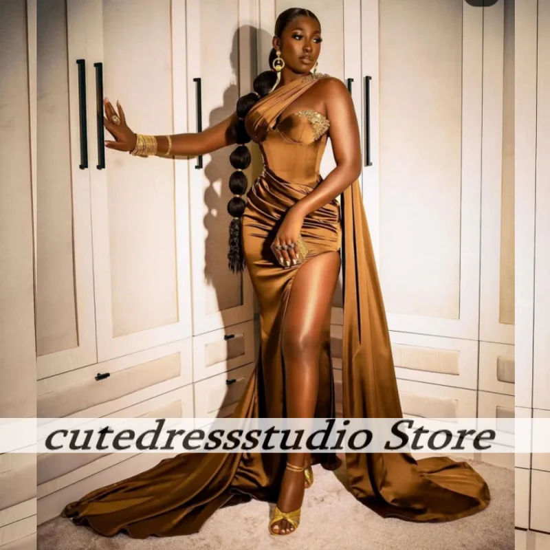

Brown Sleeveless Mermaid Prom Dresses With Delicate Beaded African Luxury Party Dress Evening Gowns For Nigerian Girl Customized
