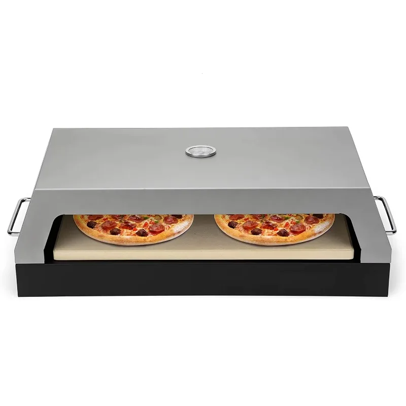 Outdoor pizza oven cover with built-in thermometer and 19 x 15 pizza stone