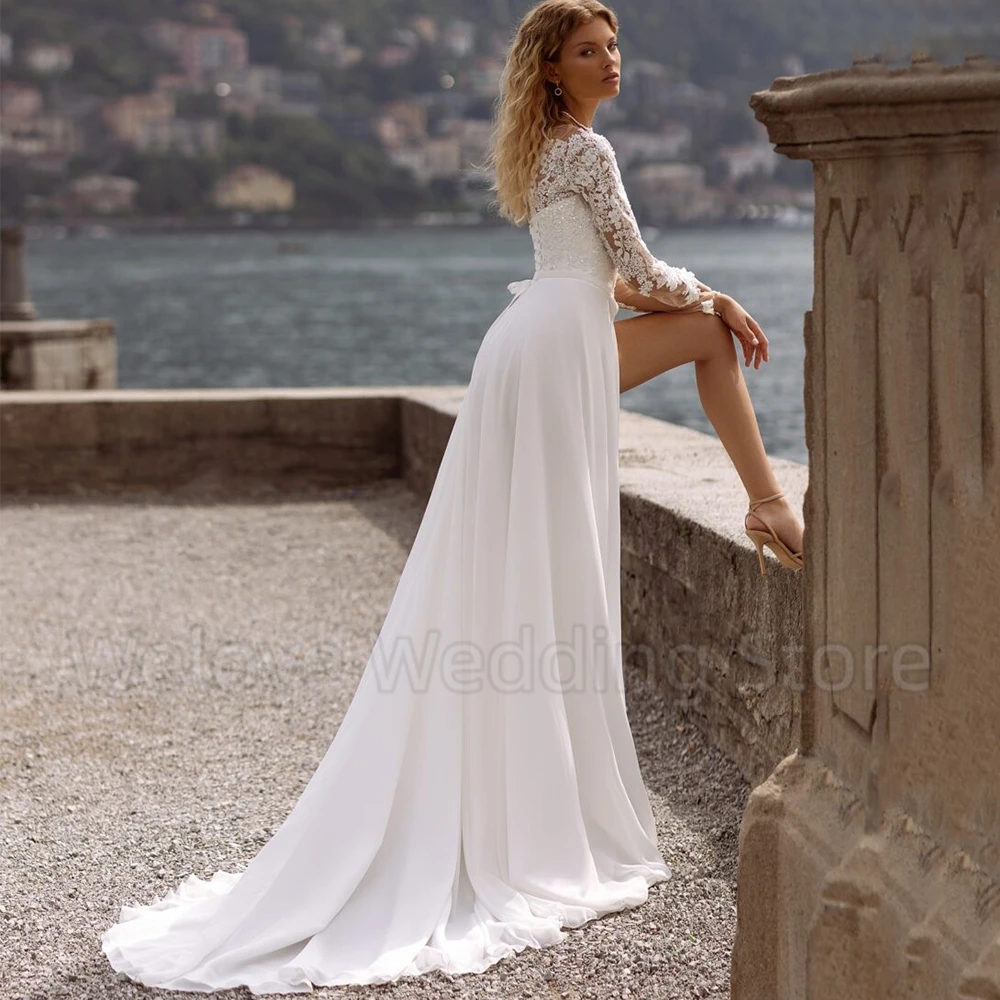 Classic Applique Tulle and Chiffon Wedding Dress O-Neck Long Sleeves Illusion Sexy Side Slit A-Line Floor Length Bride Belt Gown