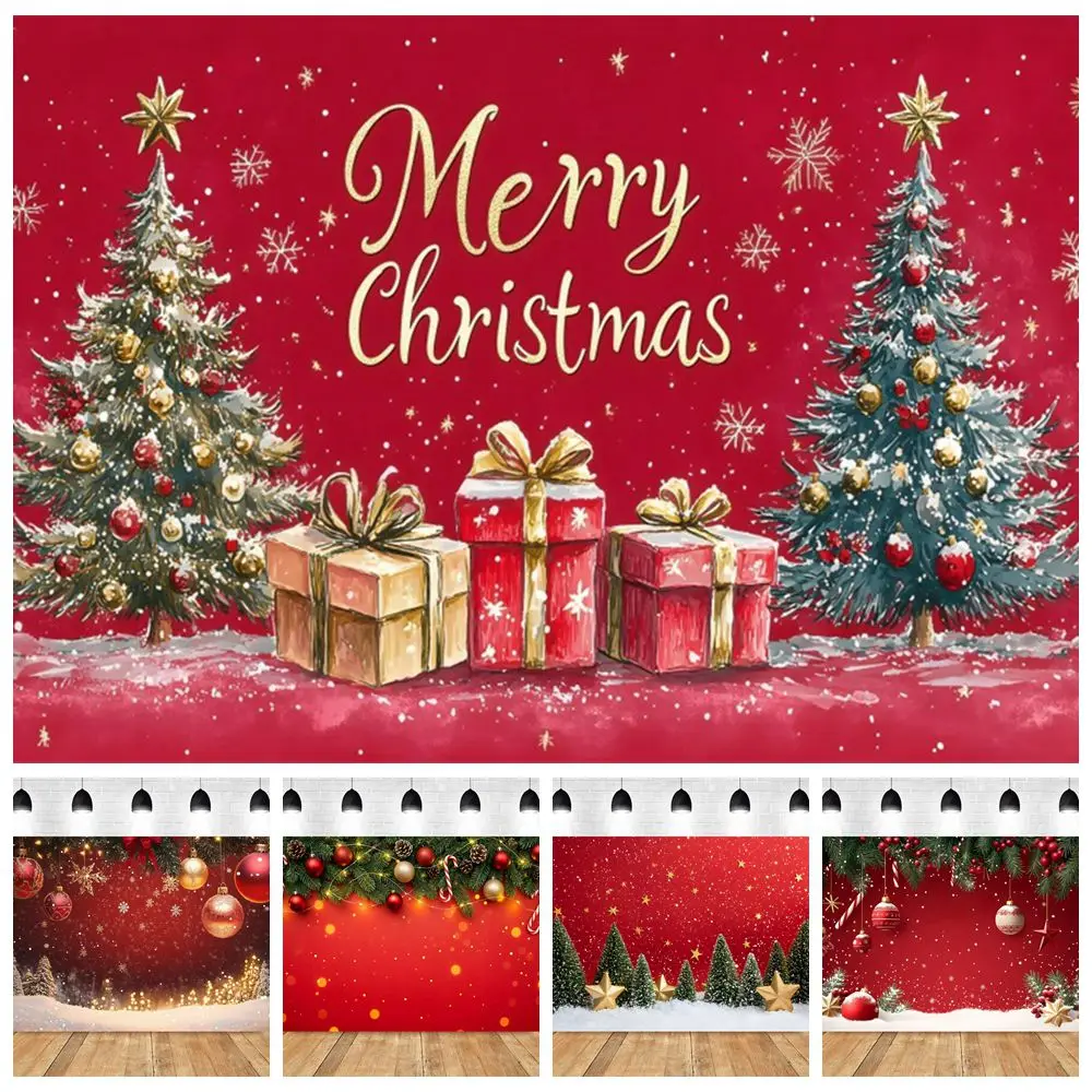 Red Christmas Backdrop Xmas Pine Trees Gifts Snow Jingle Bells Baby Kids Portrait Family Festival Decor Photography Background