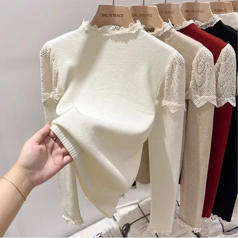 Korean Autumn and Winter Lace Spliced Women Clothes Half Turtleneck Sweaters High Strech Metal Brooch Decorate Knitting Sweaters