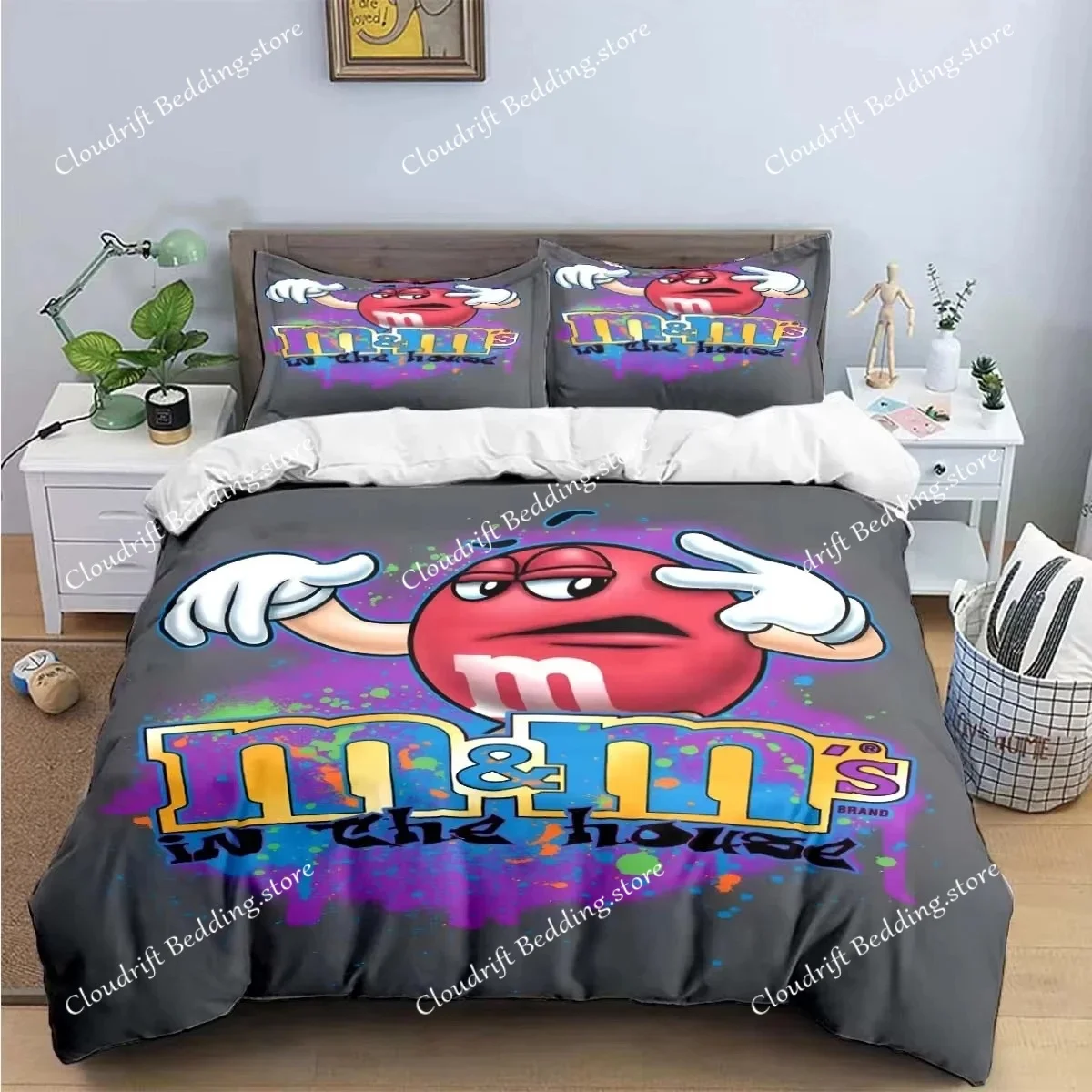 Fashion M&M Chocolate Bean Printed Bedding Sets Exquisite Bed Supplies Set Duvet Cover Bed Comforter Set Bedding Set Luxury Gift