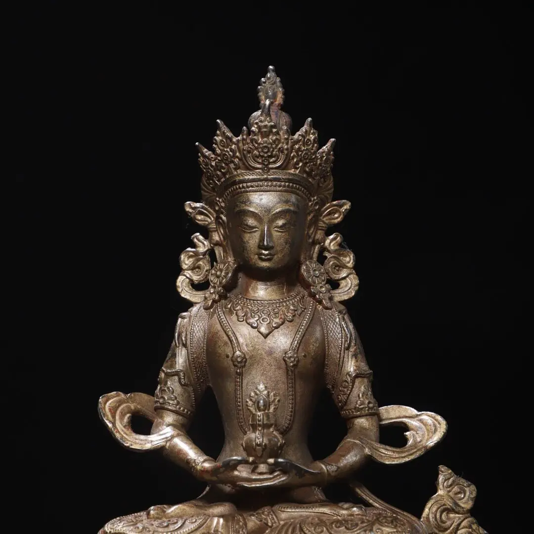 Tibetan Amitayus Buddha Vajrayana Clay Gold Pure Brass Antique Home Temple Decor Craft