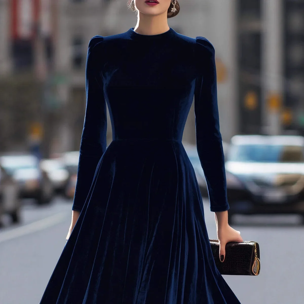 エレガントなベルベットドレス レディース 長袖 プリーツ Aライン ラウンドネック パーティー 結婚式 ゲスト ソリッド ハイウエスト ミディドレス 秋