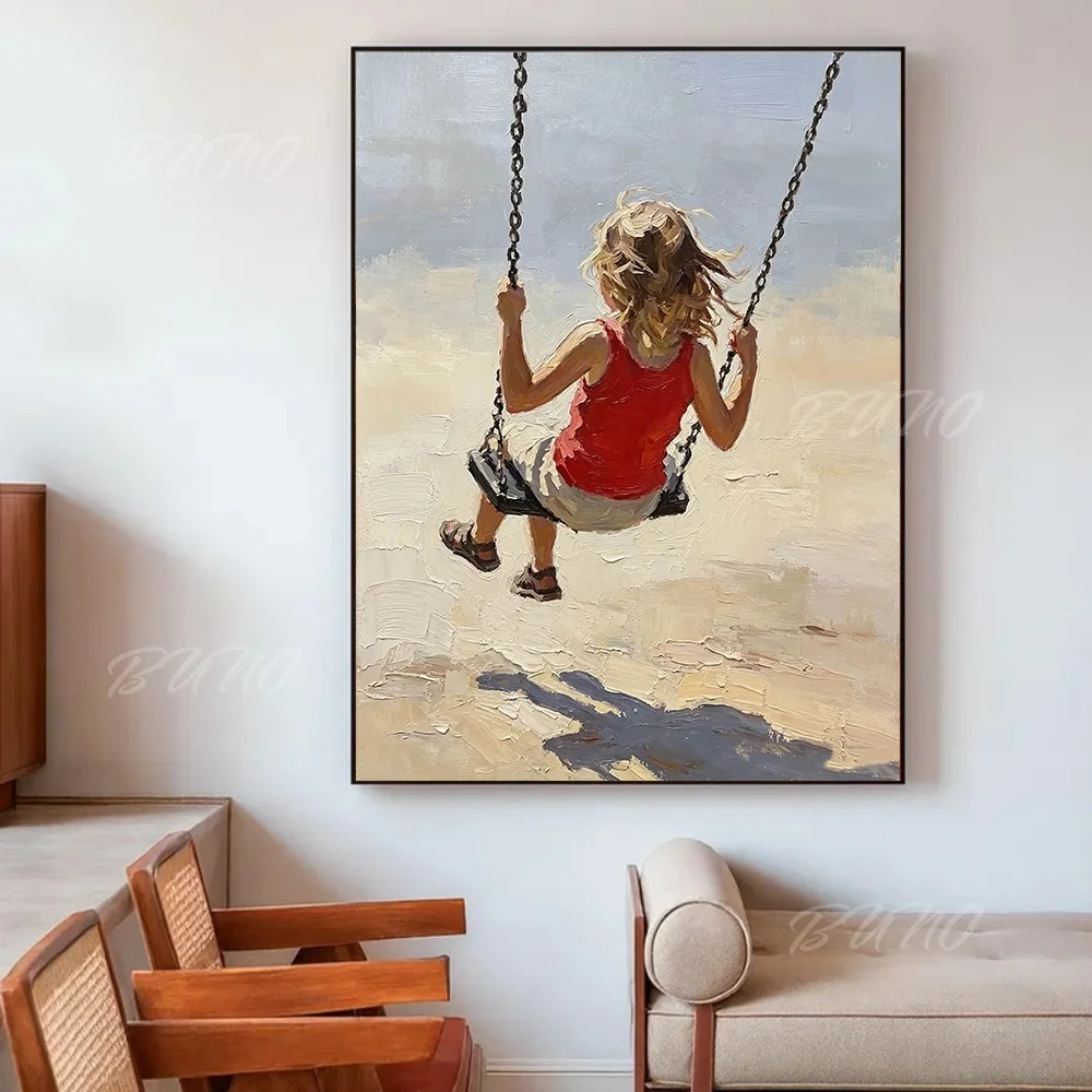 100% Handmade Abstract Oil Painting Original Little Girl Beach Swing Unframed Canvas Wall Art for Living Room Bedroom Decor