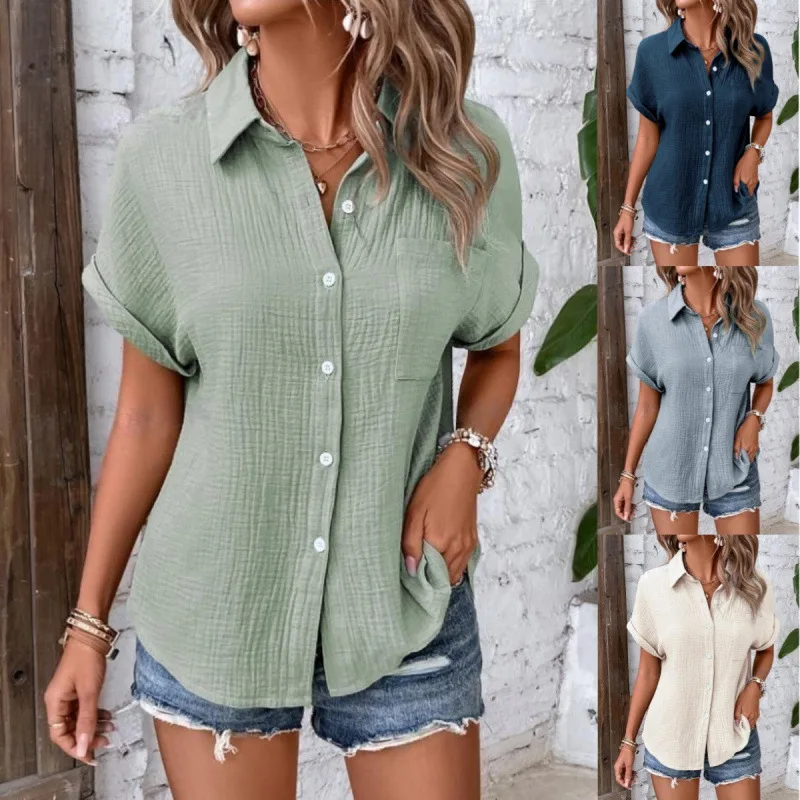 

Women's Turn Down Collar Single Breasted Textured Short Sleeve Shirt Loose Comfort Casual Versatile Commute Elegant Designer Top