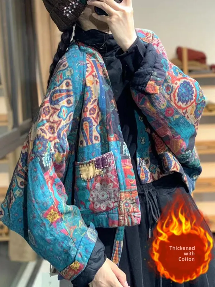 

Льняное хлопковое пальто с ретро-принтом, женское осенне-зимнее свободное лоскутное пальто Thiened, теплое хлопковое льняное хлопковое пальто