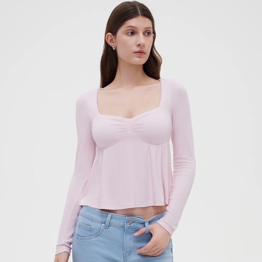 Damen Fairy Y2k Cottage T-Shirt Coquette Quadratischer Ausschnitt Langarm Babydoll Tees Herbst Frühling Vintage Kleidung Lässiger Pullover Top – Detail 13