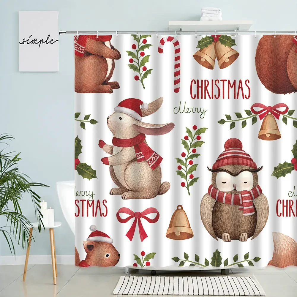 Cartoon Christmas Shower Curtain Winter Child Bathroom Cute Rabbit Squirrel Bell Fun Animals Bathroom  Decor Polyester Curtains