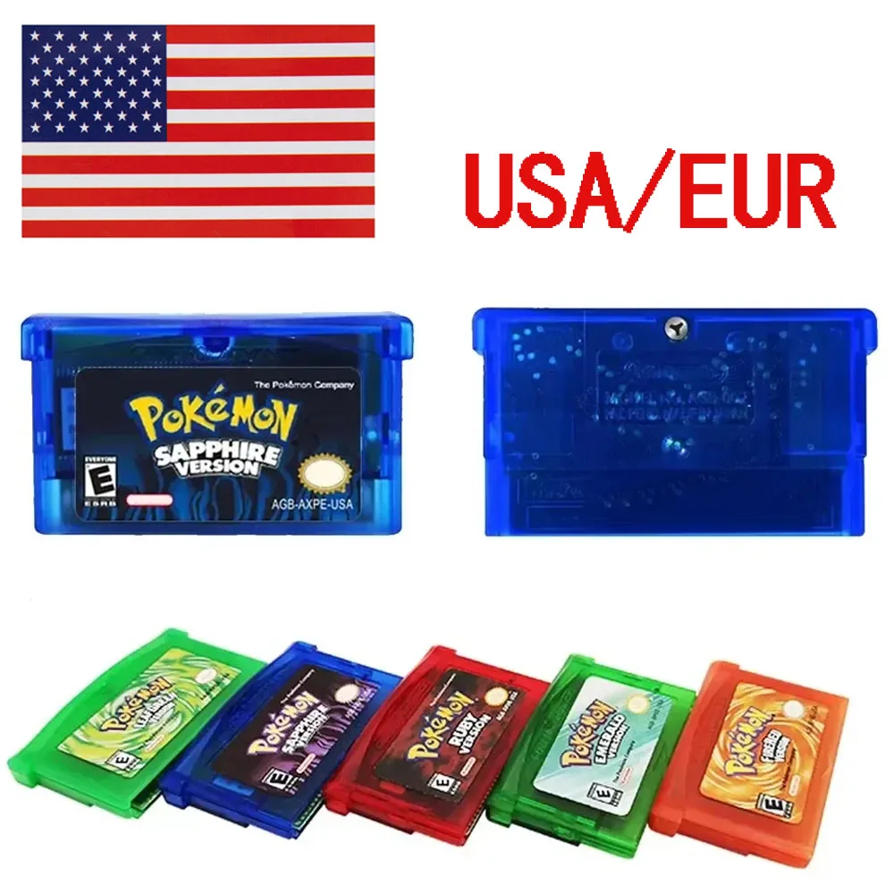 High Quality Pokémon 32 Bit Video Game Series, Ruby/Sapphire/Merald/Fire Red/Green Leaf GBA Game Cartridges