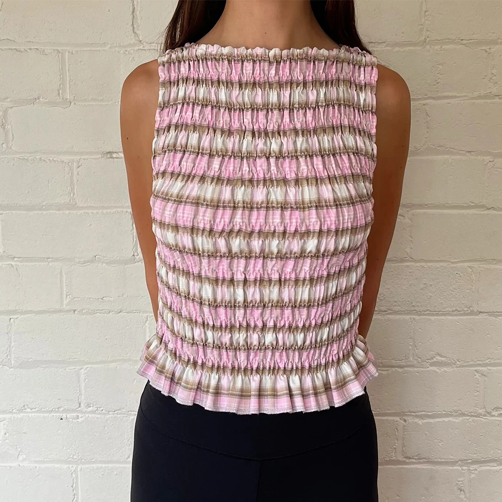 المرأة خمر Shirred الدبابات القمم الصيف Smocked القمم أكمام الكشكشة هيم الجرافيك مطوي قميص y2k الخروج عطلة القمم