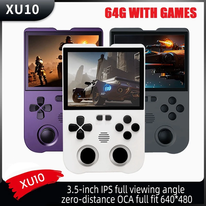 XU10 Game Console 3.5 Inch IPS Screen 64G Arcade Retro Dual Joystick 3D Game Player RK3326S 64-Bit 3000Mah Grey Durable