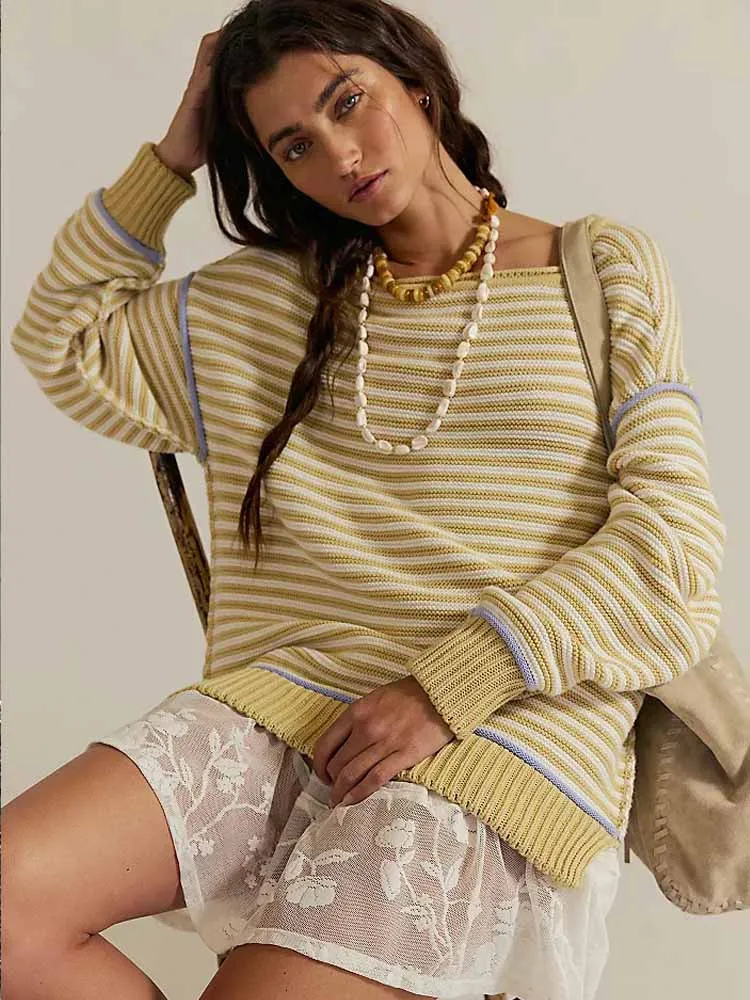 

MCDV Casual Striped Loose Sweater Women's Round Neck Long Sleeve Knitted Pullover Autumn Winter Soft Lazy Knitwear Jumpers 2025