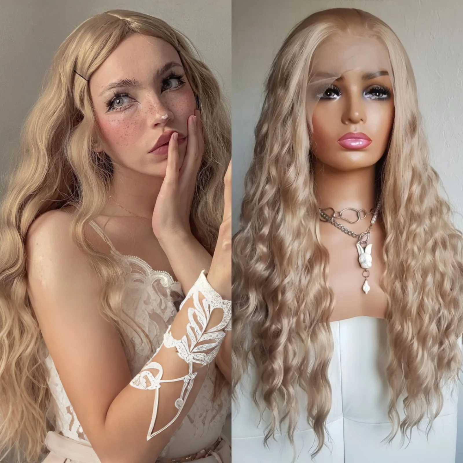 Long Curly Wavy Ash Blonde Synthetic Lace Front Wigs for Women Free Part Loose Curly Dirty Blonde Heat Resistant Fiber Wigs