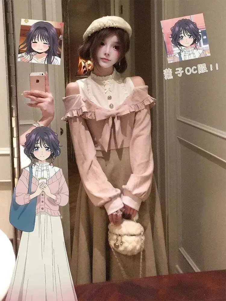 

SOIOMES Нежное осенне-зимнее длинное платье с открытыми плечами и бантом, в японском стиле, Vestido