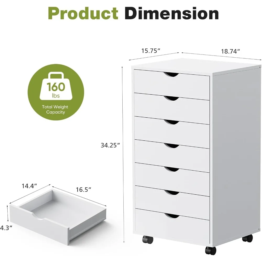 7 Drawer Chest - Storage Cabinets Dressers Wood File Cabinet on Wheels Mobile Organizer Drawers for Office, Home, White