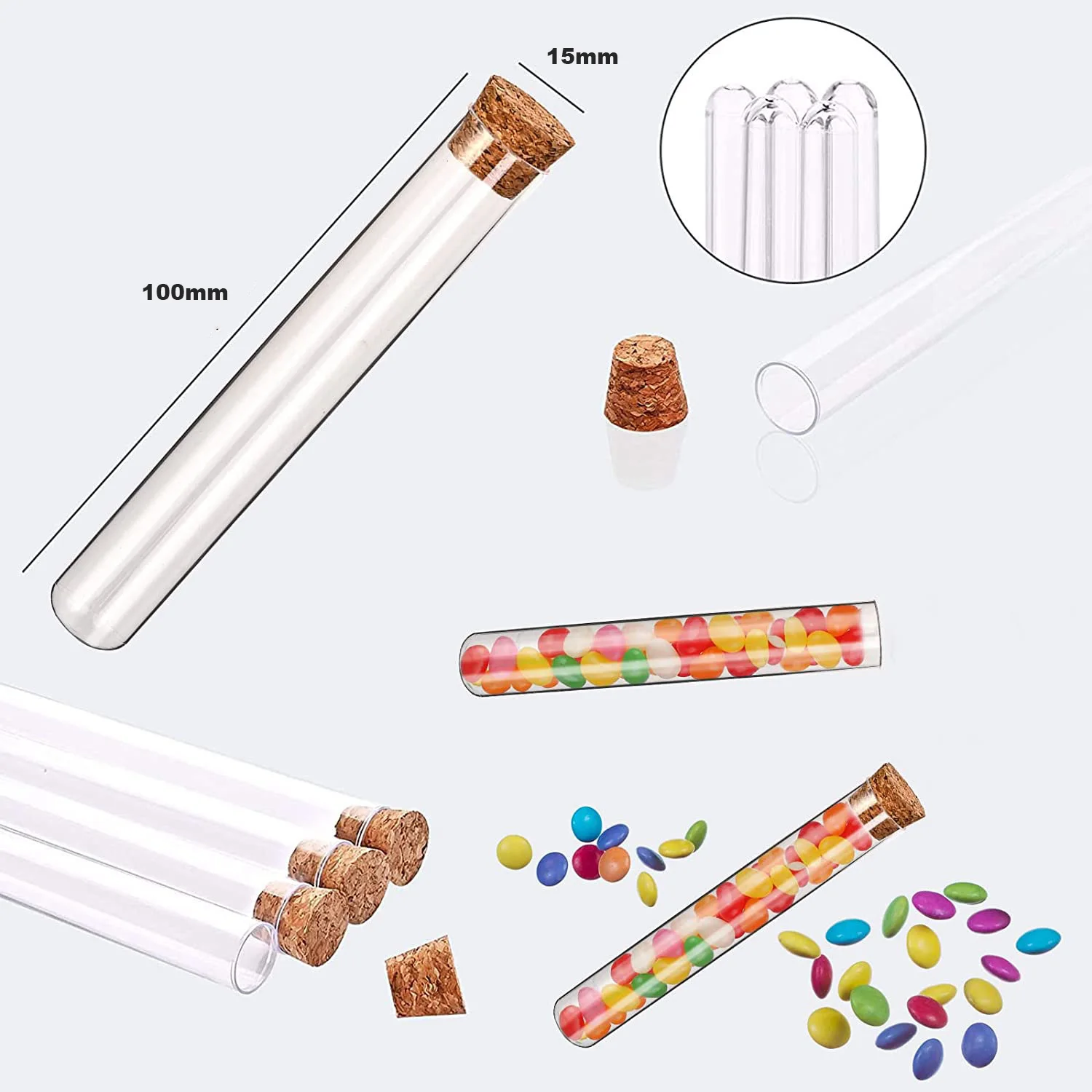 100PCS 15x150mm Plastic Test Tubes with Cork Laboratory Wedding Favor Gift Transparent Round Bottom Test Tube