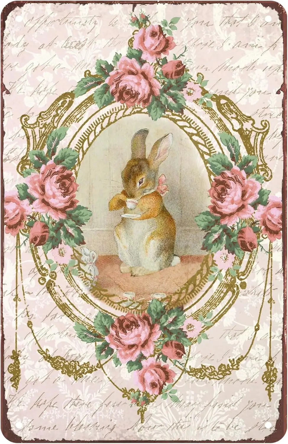 Flower Wreath Rustic Rabbit Metal Plaque Tin Sign Vintage French Style Easter Bunny Sign Spring Easter Greetings Metal Sign For