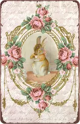 Flower Wreath Rustic Rabbit Metal Plaque Tin Sign Vintage French Style Easter Bunny Sign Spring Easter Greetings Metal Sign For