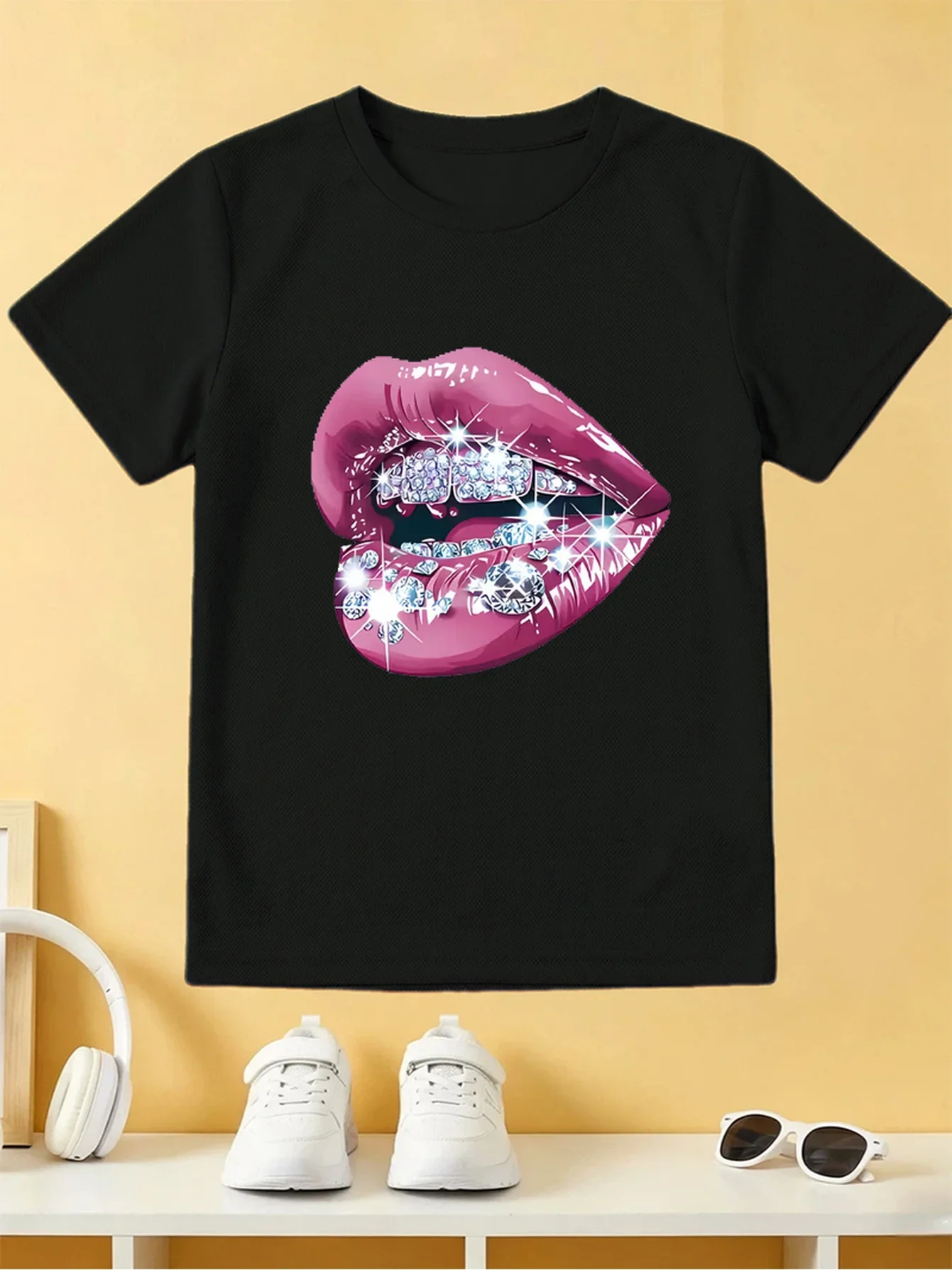 Glitter Diamond Pink Lips Kids Tee Hip Hop Fashion Graphic Print Boys Girls Family Matching Cotton Short Sleeve Children Tshirt
