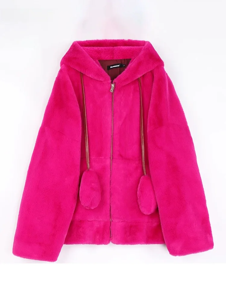 

Nerazzurri Faion Cute Rabbit Ear Hooded Coat Women's Zipper Plu Faux Fur Coat Comfortable Warm Long Sve Loose Fit