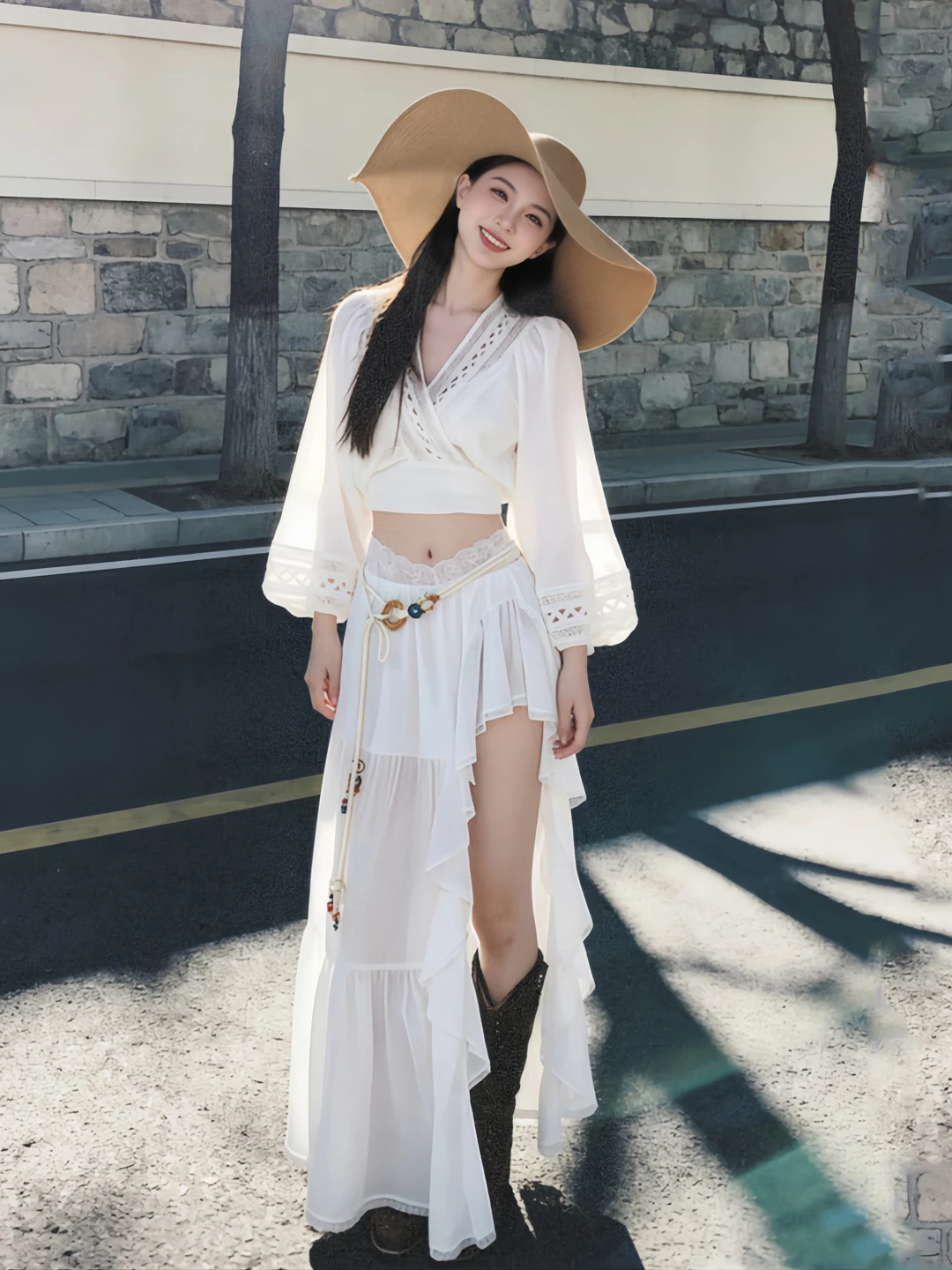 

Bohemian Vacation Style Lace Patchwork Lantern Sleeve Women's Top Skirt Set Irregular High Waist Slimming Fashion Ensemble